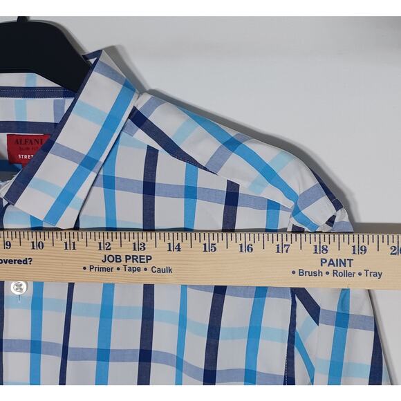 Alfani Slim Fit Stretch XL 17- 17.5 / 34-35 Men's Button Up Blue White Plaid - Picture 6 of 13